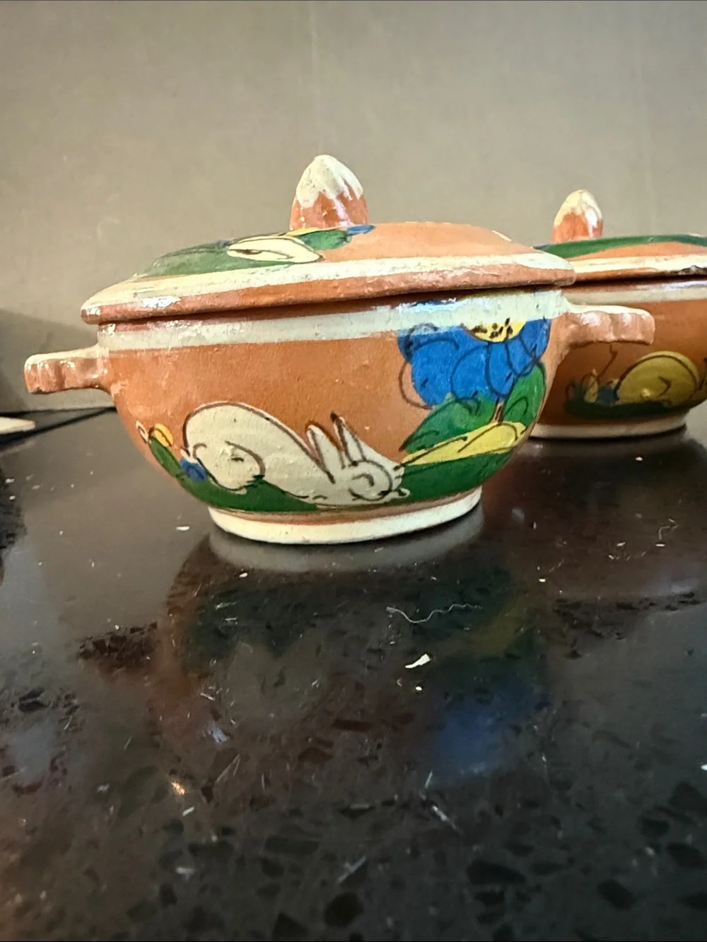 Hand-Painted Terracotta Lidded Bowls in Orange with Cactus Motif
